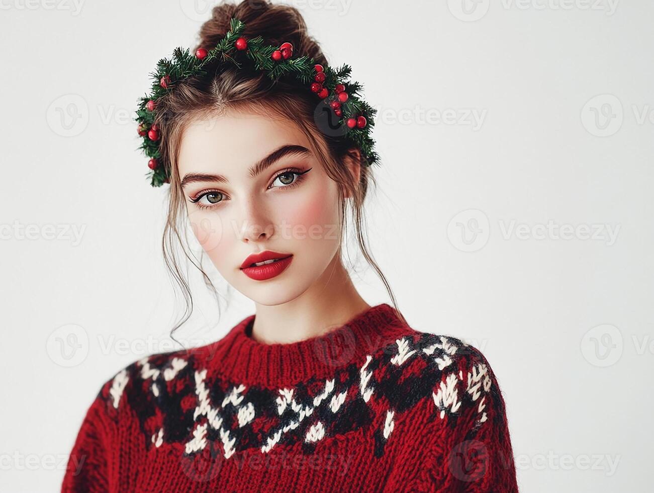 Beautiful young woman in red sweater and christmas wreath photo