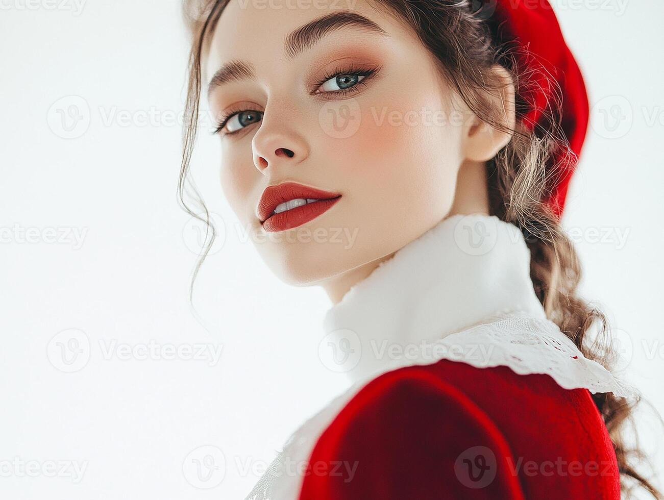 Beautiful young woman in red velvet dress and red hat photo