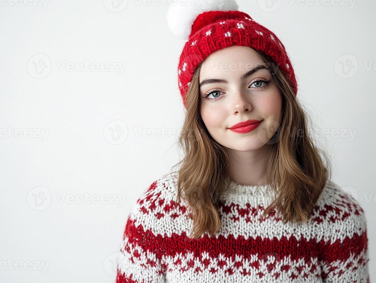 A young woman wearing a red and white sweater and a red and white hat photo