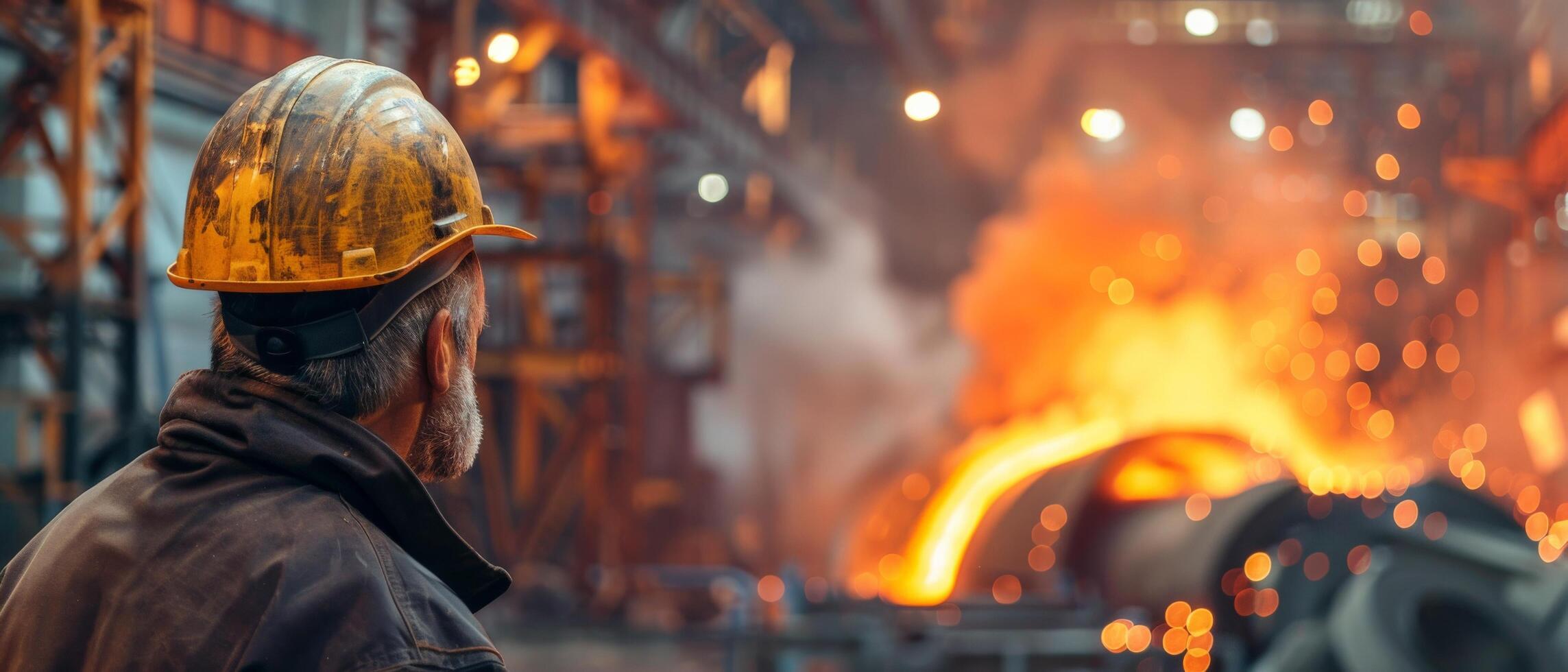 Steelworker wearing a hard hat looking at a furnace photo