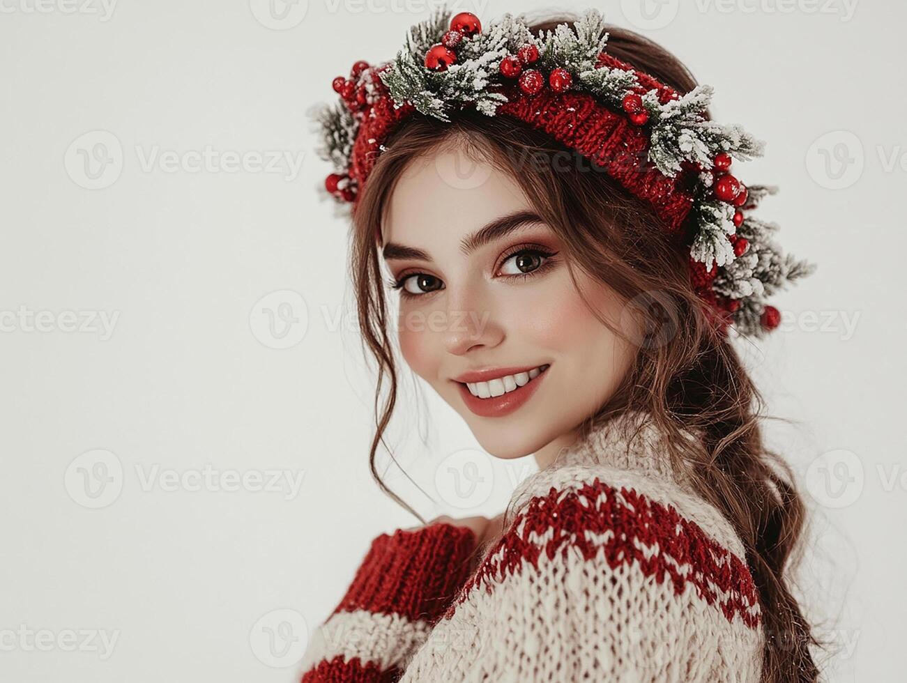 A woman wearing a christmas sweater and a wreath photo