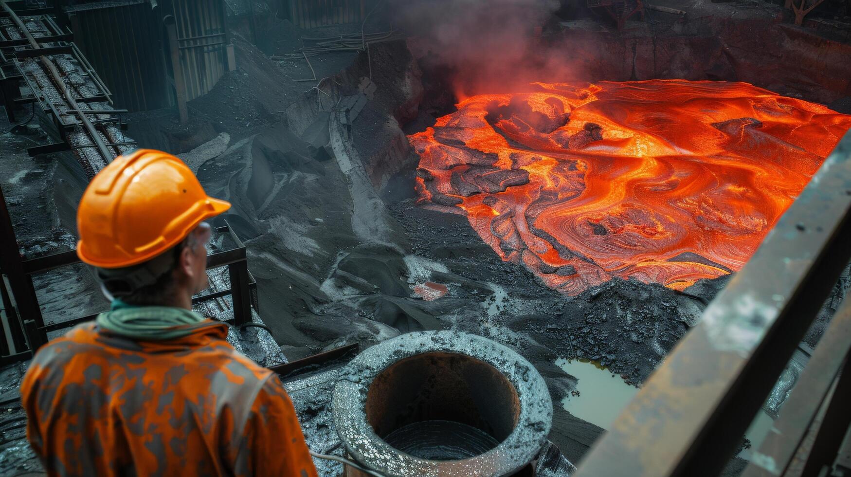 A steelworker looks at a molten metal in a steel mill. photo
