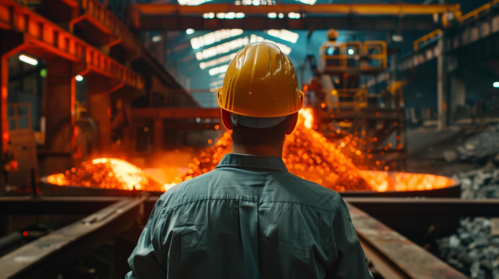 A steelworker looks out over a molten metal pour. photo