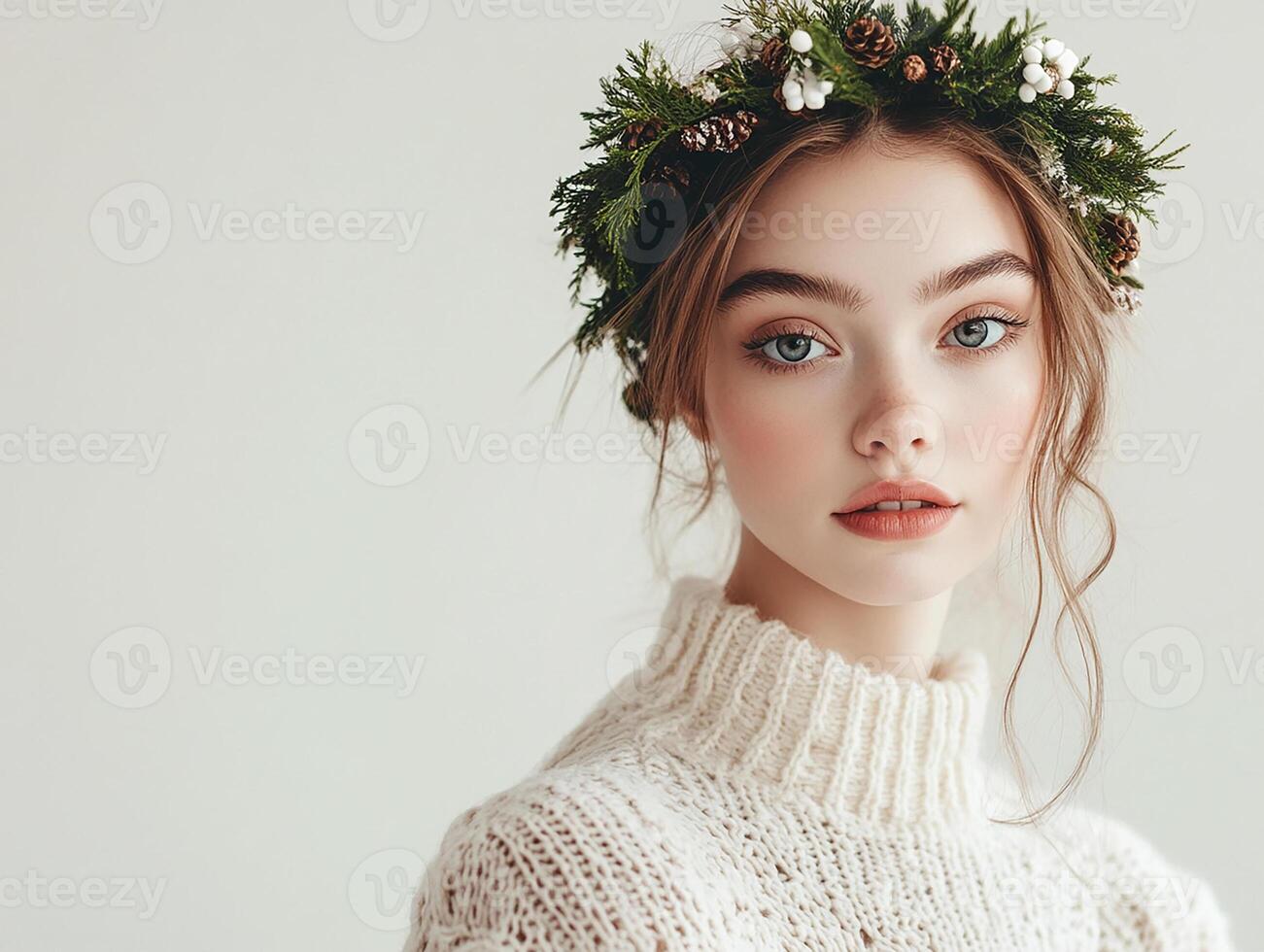 Beautiful young woman wearing a christmas wreath photo