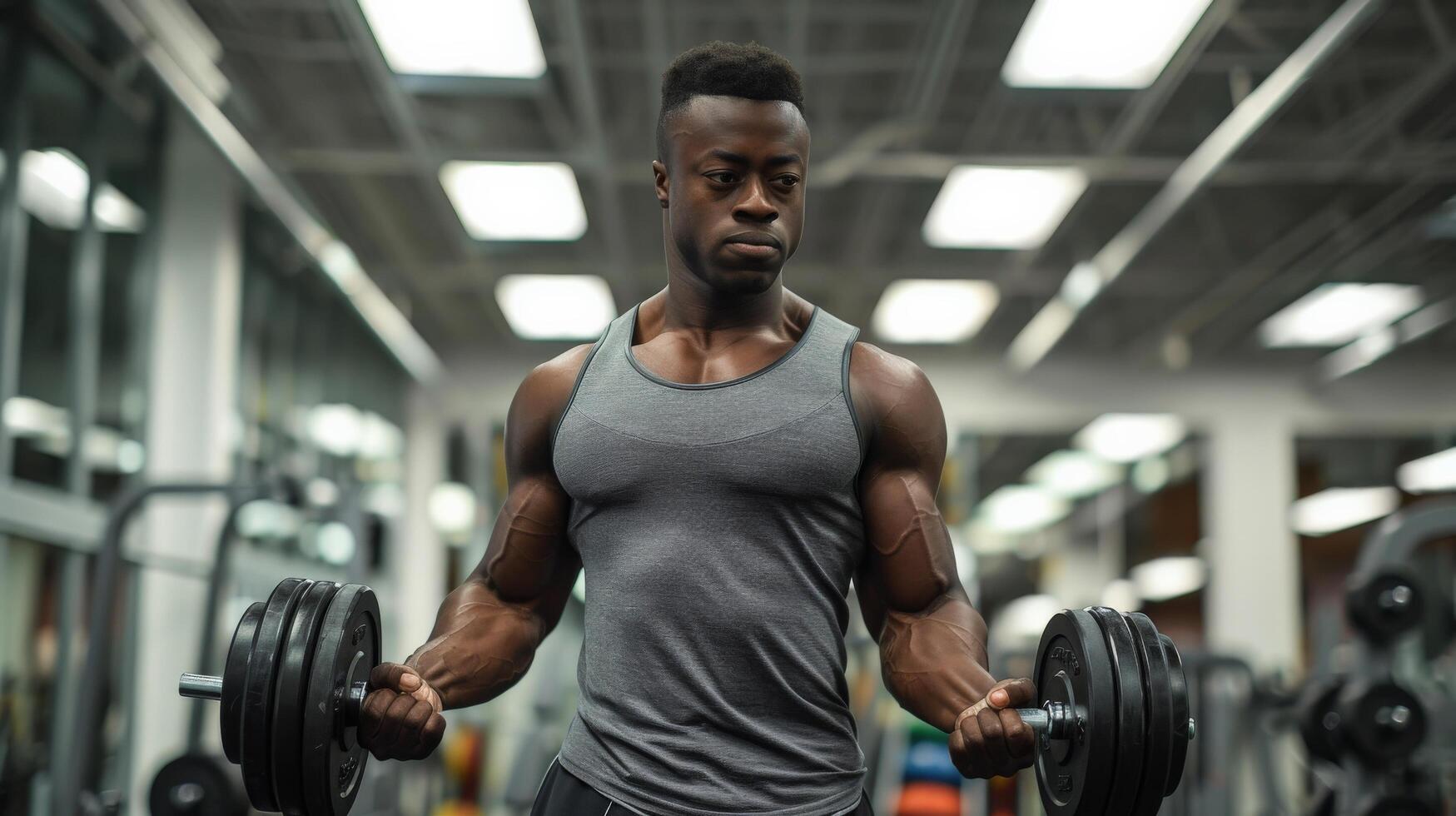 A muscular African-American man is doing bicep curls with dumbbells in a gym. He is wearing a gray tank top and black shorts. He has a serious expression on his face. photo