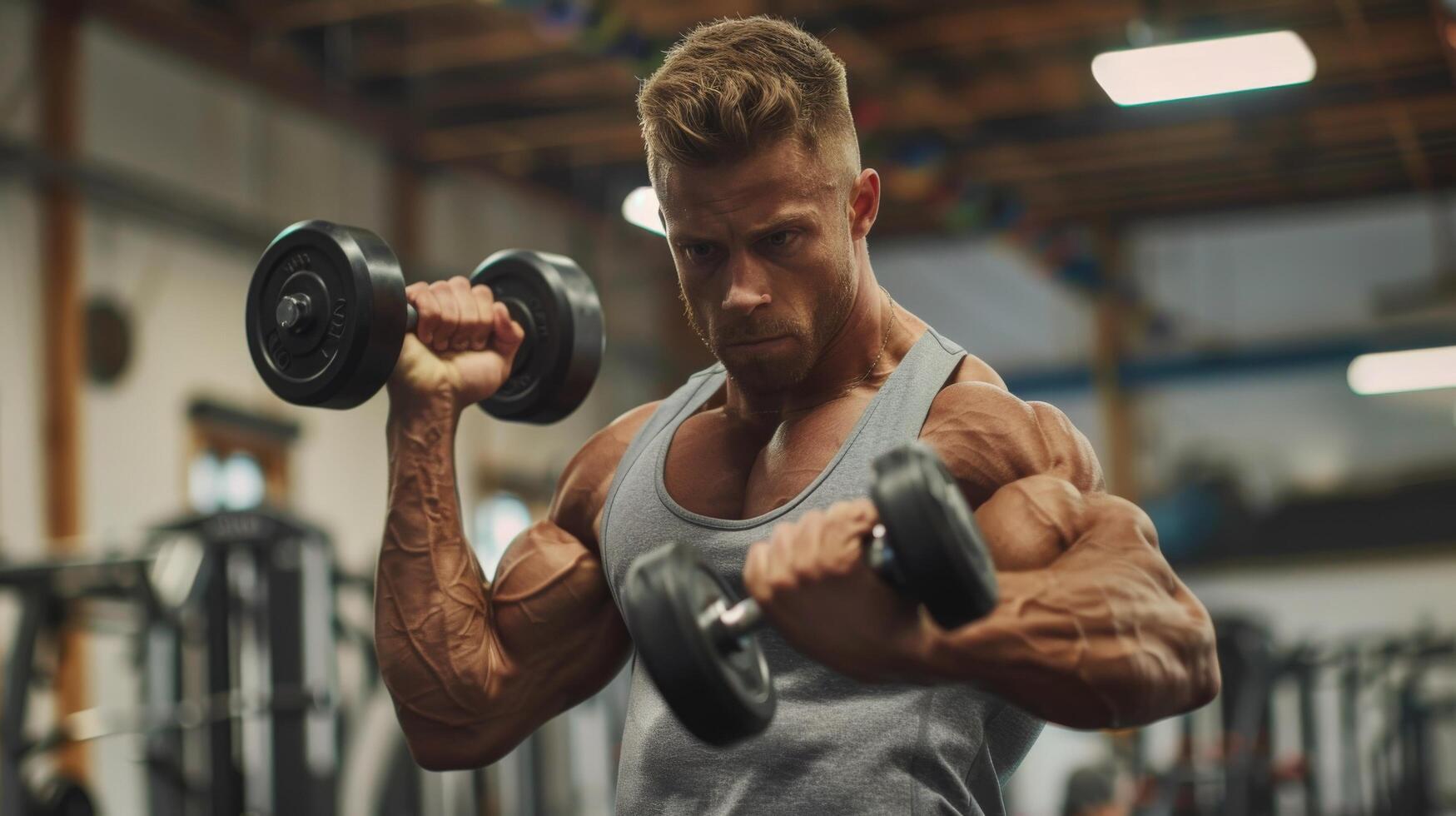 A muscular man is doing bicep curls with dumbbells in a gym. He is wearing a grey tank top and has his hair styled in a faux hawk. He has a determined look on his face. photo