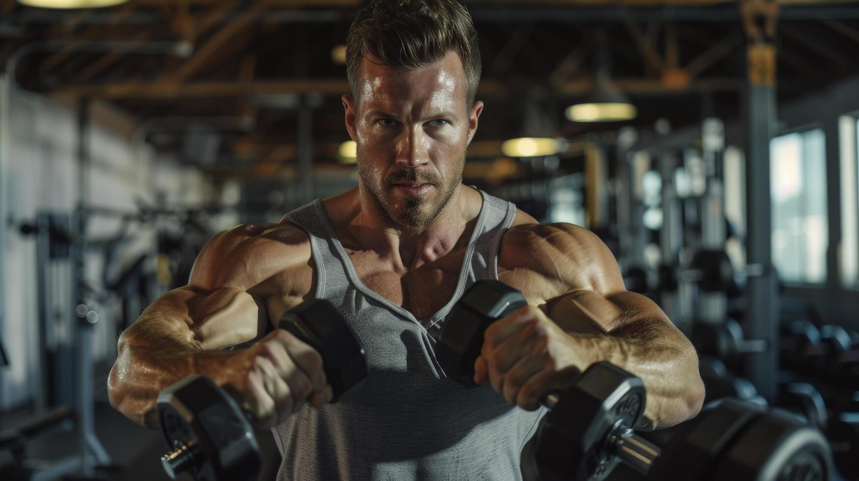 A muscular man with a determined expression on his face lifts weights in a dimly lit gym. photo