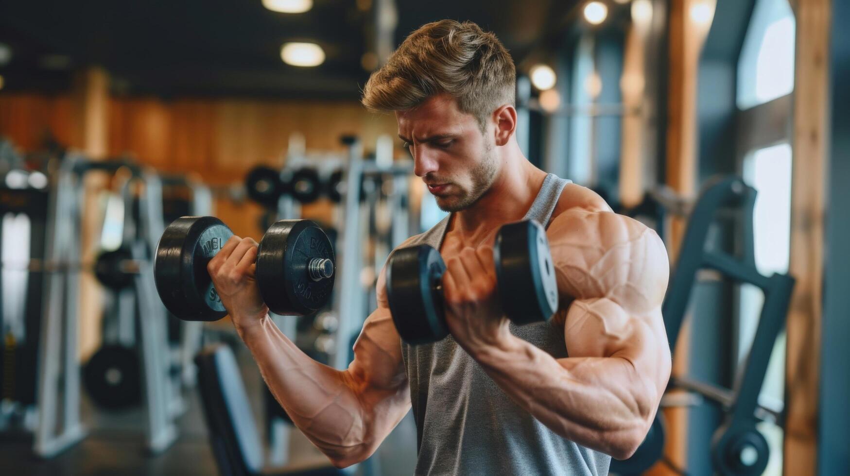 A muscular man in a gray tank top is doing bicep curls with dumbbells in a gym. photo