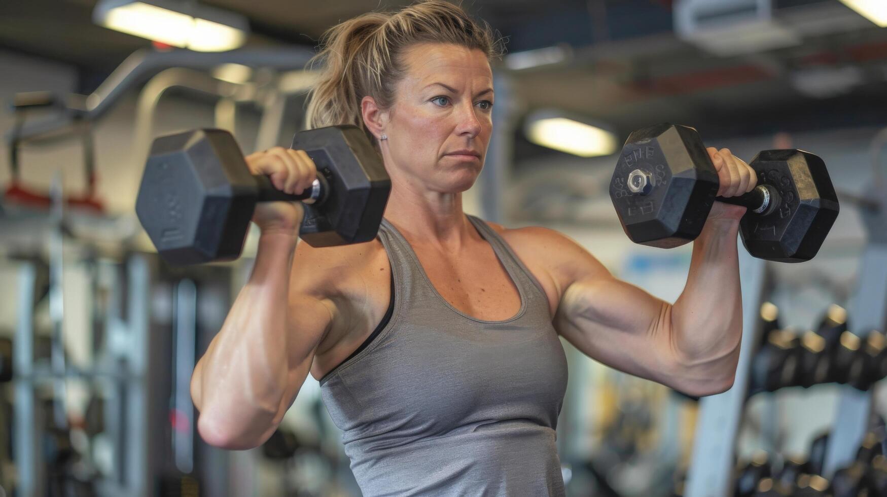 A muscular woman lifts weights in a gym. She is wearing a gray tank top and black shorts. She has her hair in a ponytail and is looking at the weights she is lifting. photo
