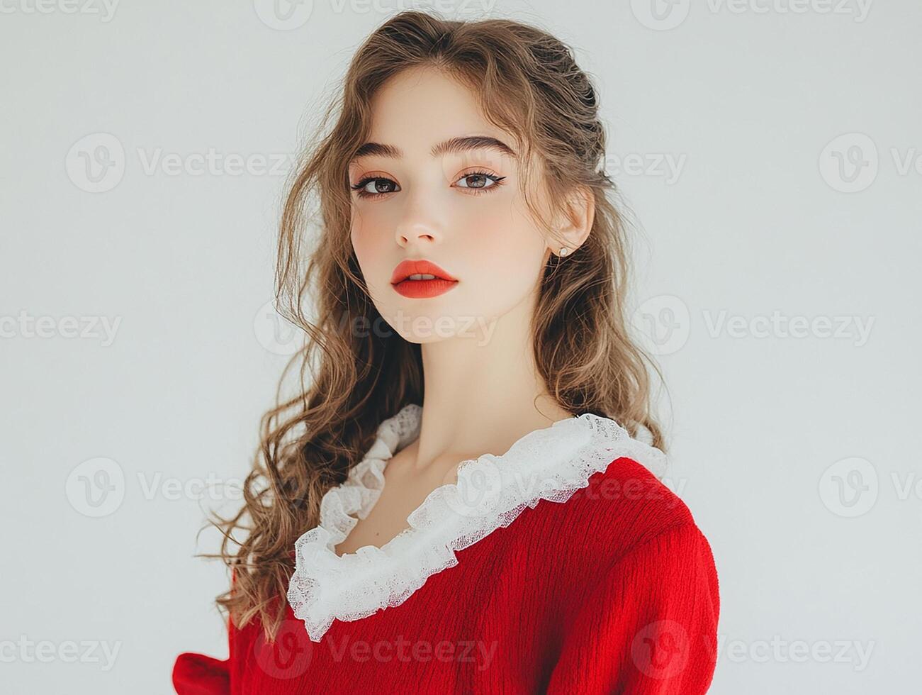 A beautiful young woman in a red sweater photo