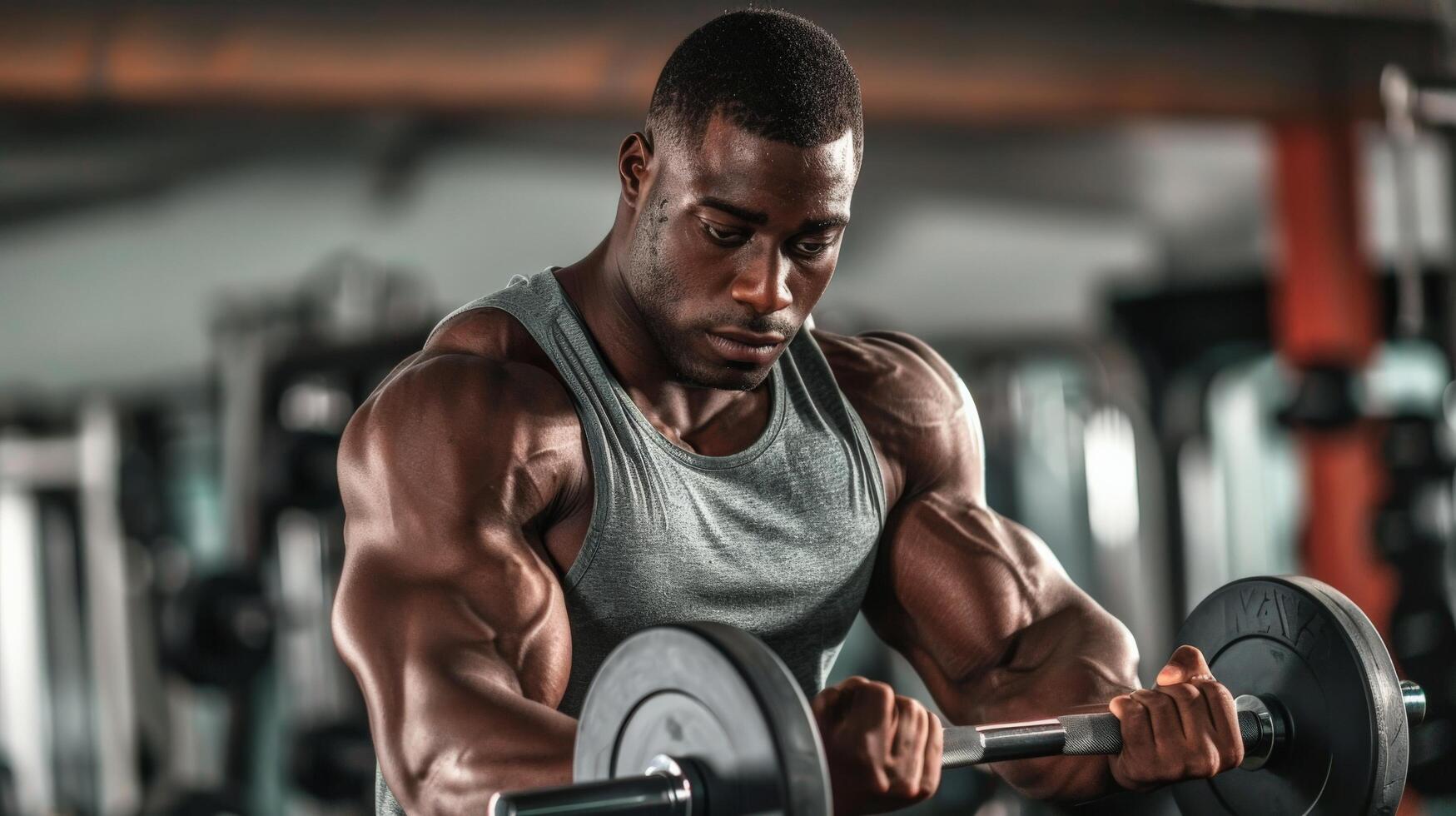 A muscular man is doing barbell curls in the gym. photo