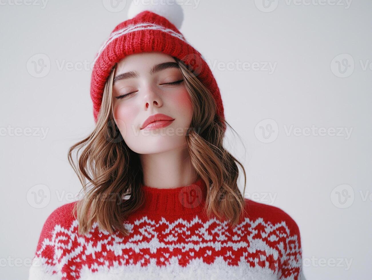 A woman wearing a red and white sweater and hat photo