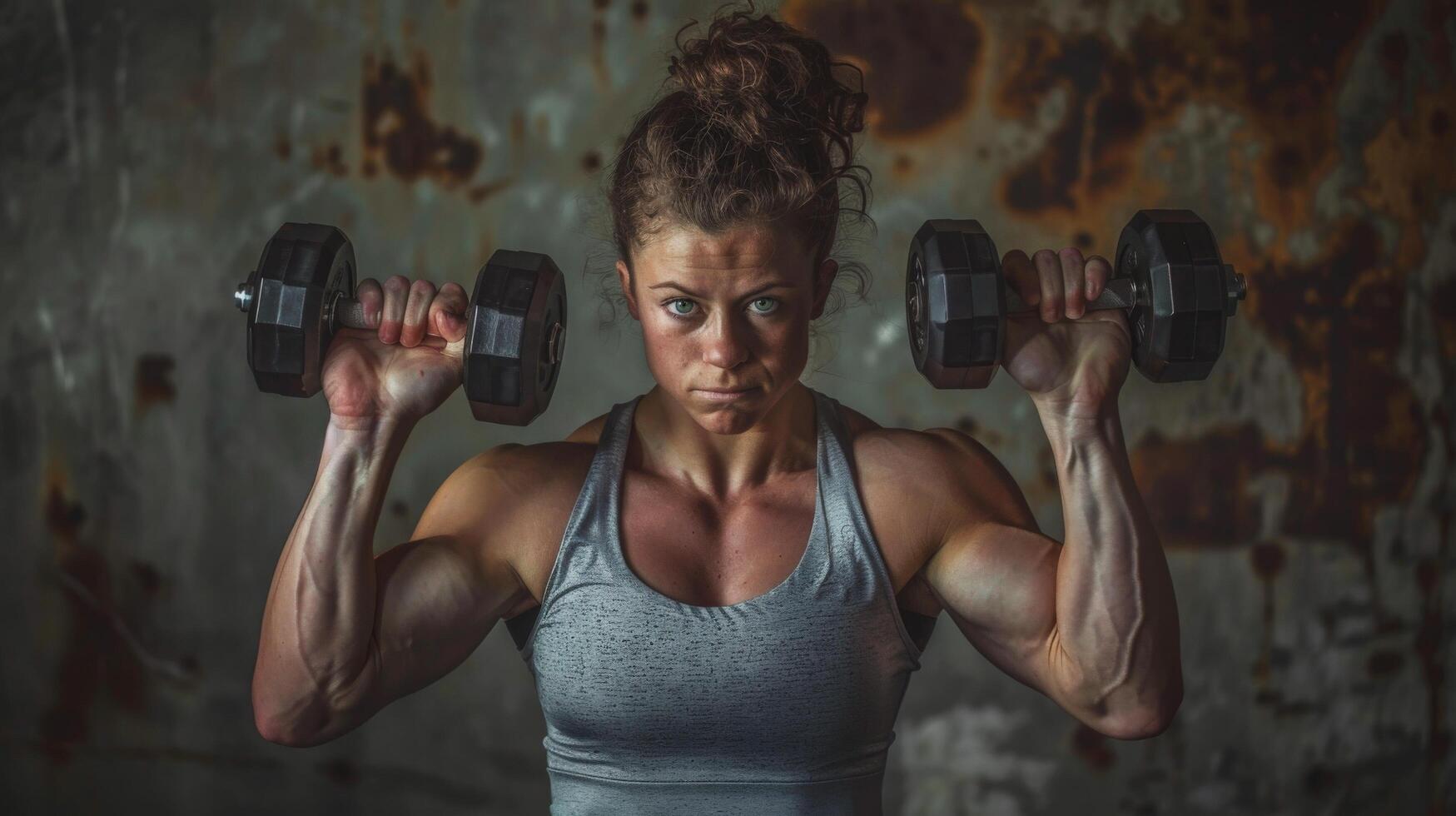 A muscular woman with long curly hair is lifting weights in a dark room. She is wearing a gray tank top and black shorts. She has her hair in a ponytail and is looking at the camera with a determined photo
