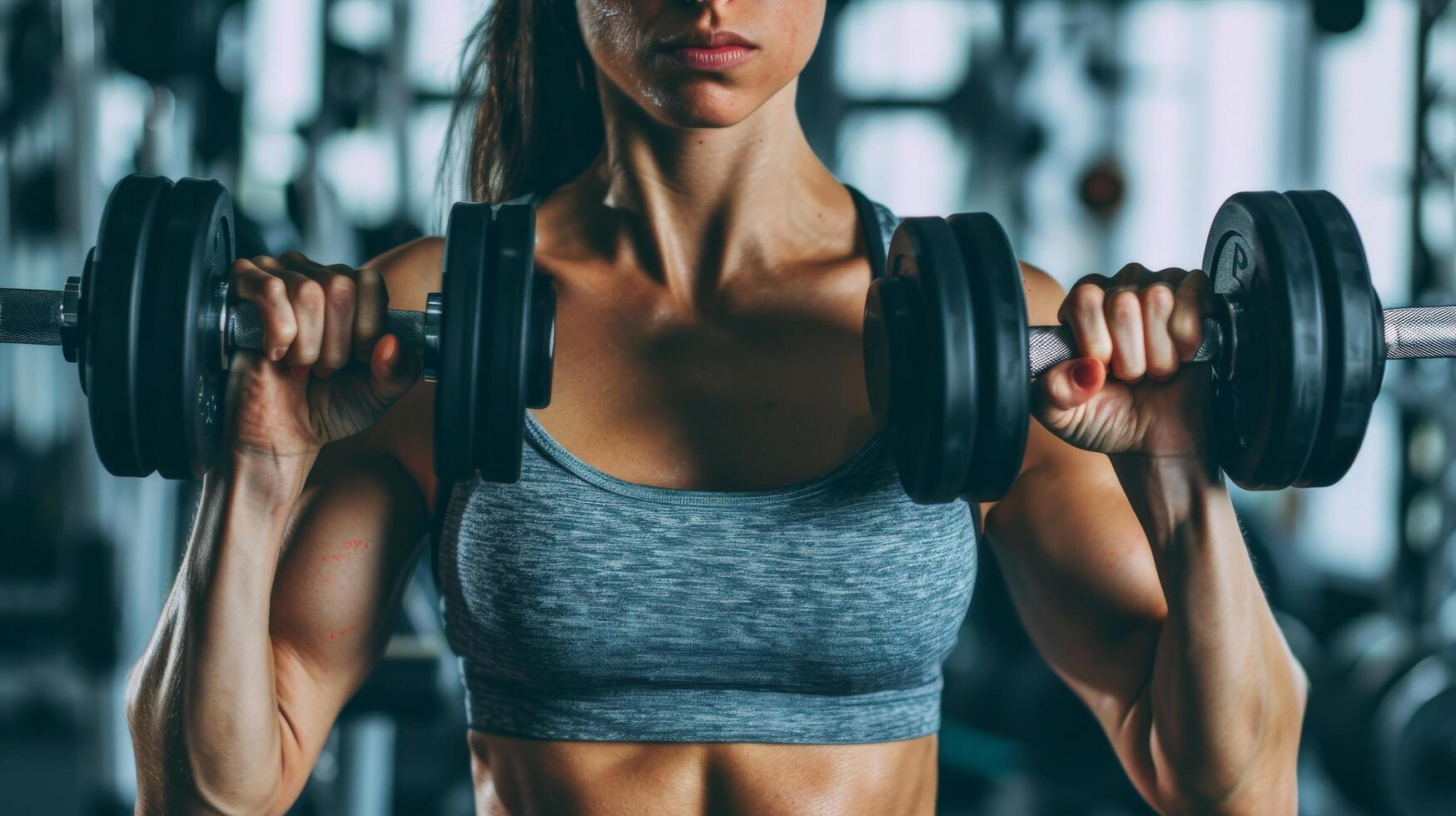 A muscular woman in a gray sports bra lifts dumbbells up to her shoulders. photo