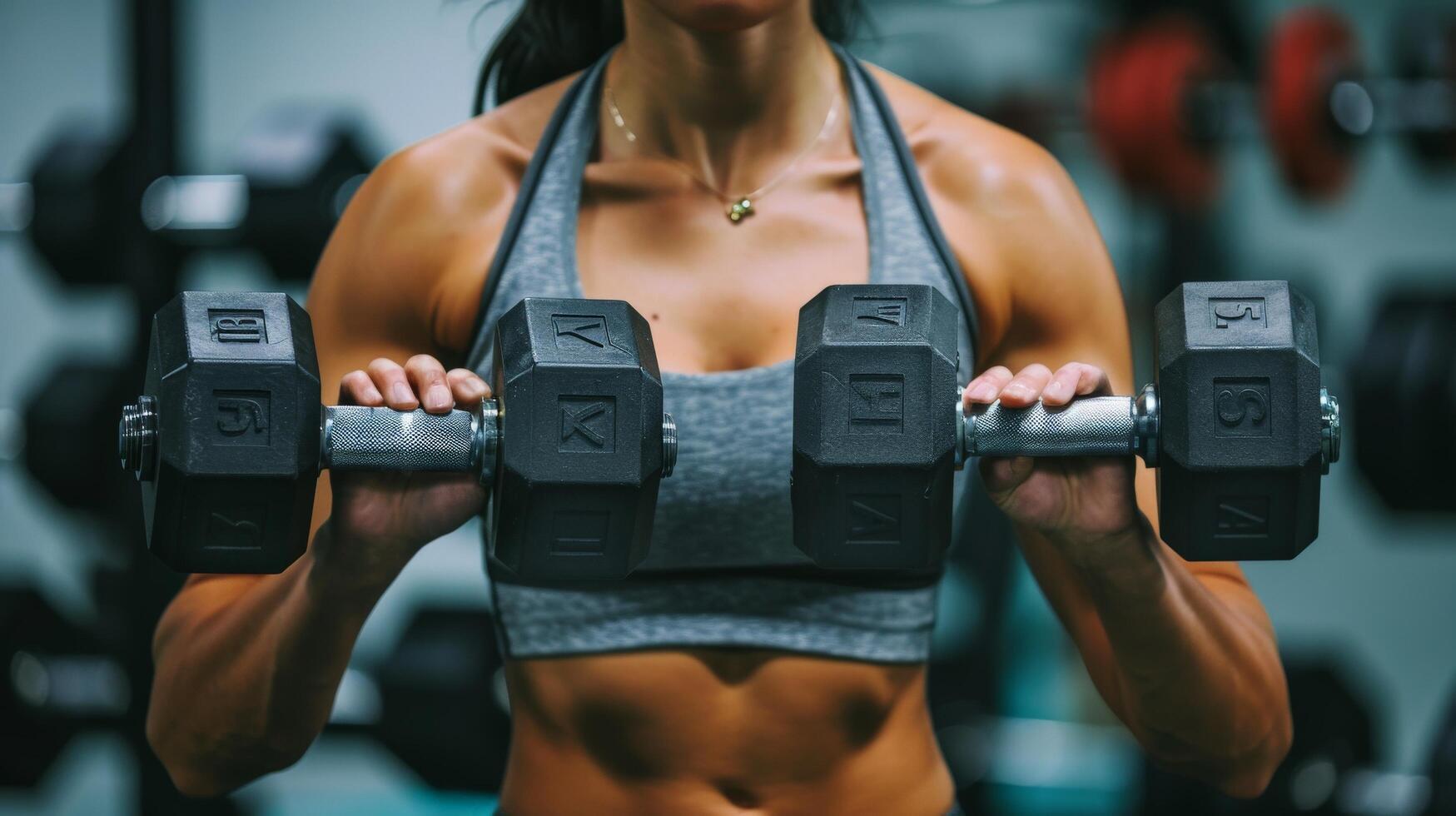 A woman in a gray sports bra and black shorts is lifting weights in a gym. photo