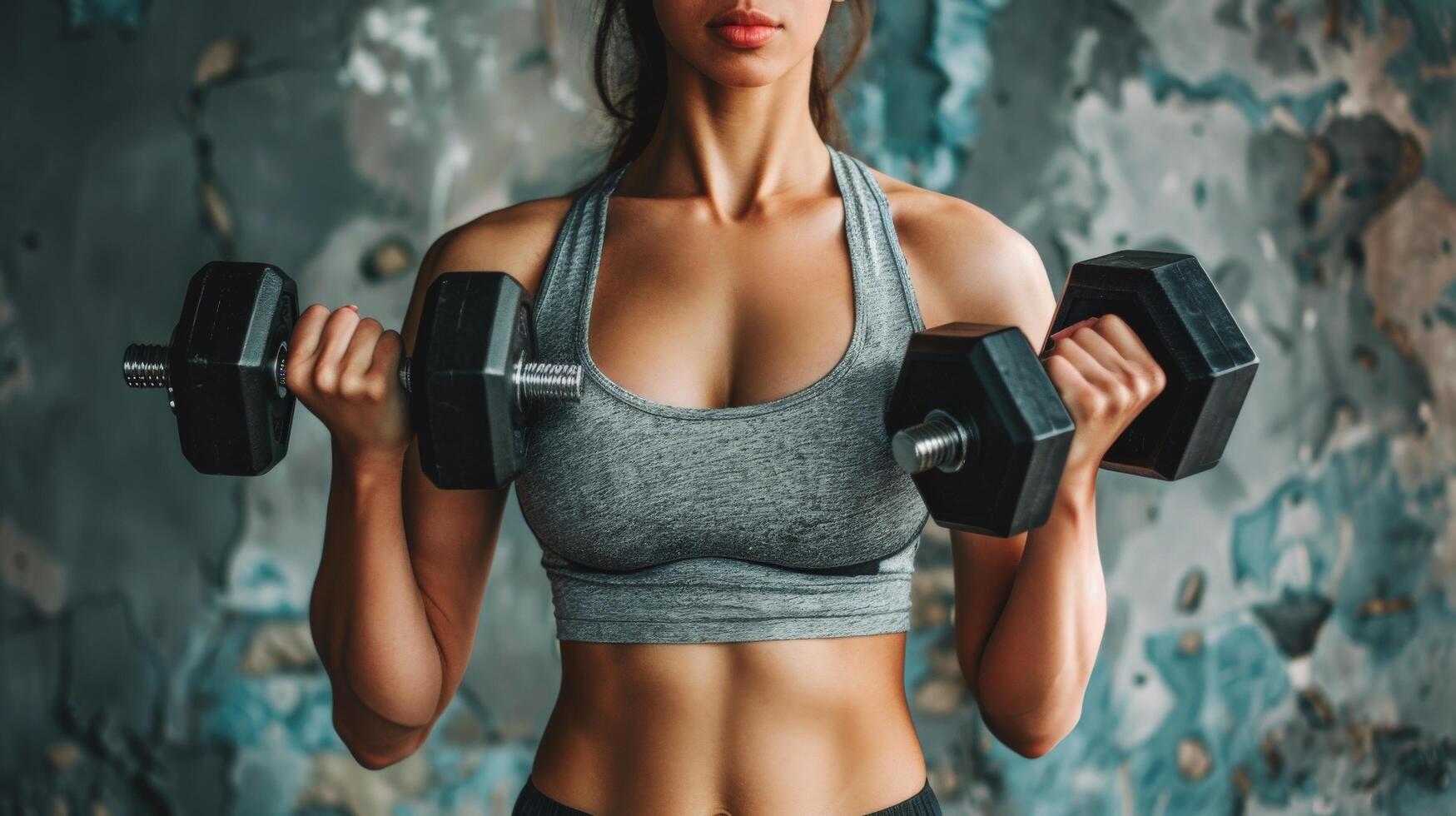 A woman in a gray sports bra and black shorts is lifting weights. She has her hair in a ponytail and is looking at the camera with a determined expression. photo
