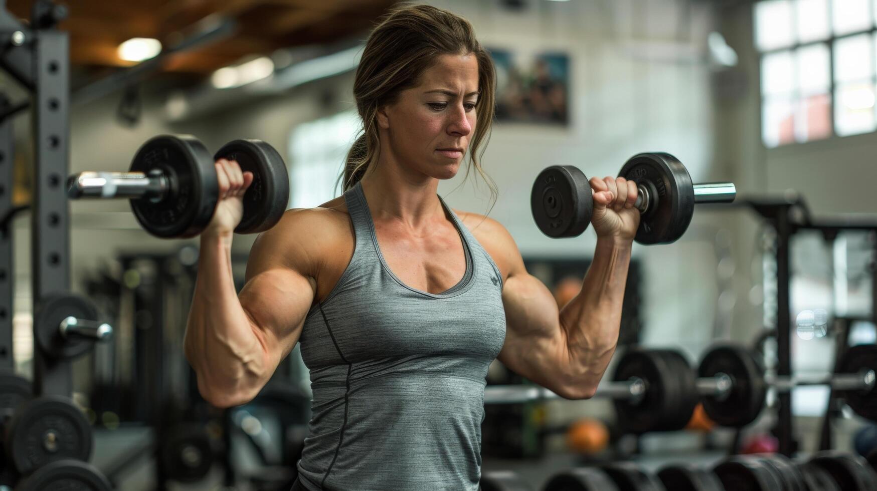 A muscular woman lifts weights in a gym. She is wearing a grey tank top and black shorts. She has her hair in a ponytail and is looking at the weights she is lifting. photo