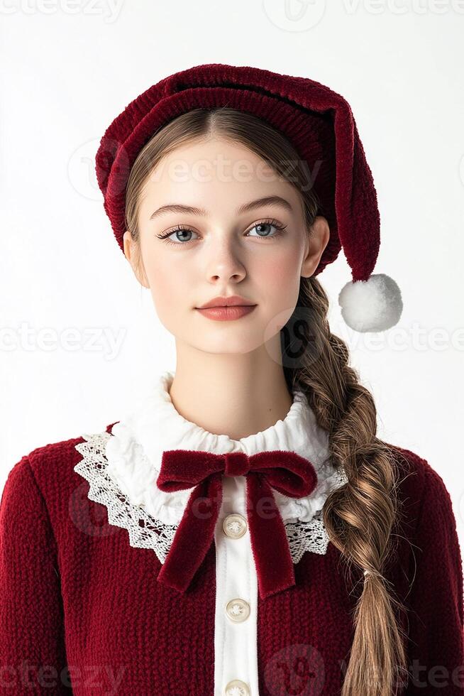 A young woman wearing a red sweater and hat photo