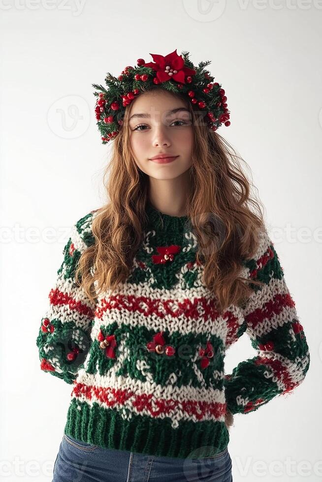 A girl wearing a sweater with a wreath on it photo