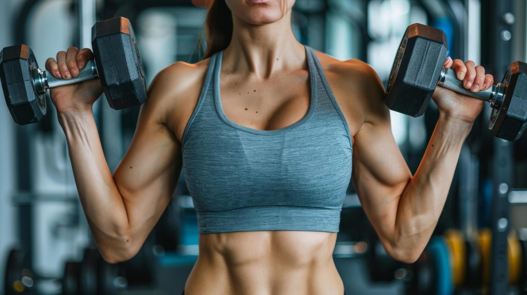 A muscular woman with long dark hair is lifting weights in a gym. She is wearing a gray sports bra and black leggings. photo