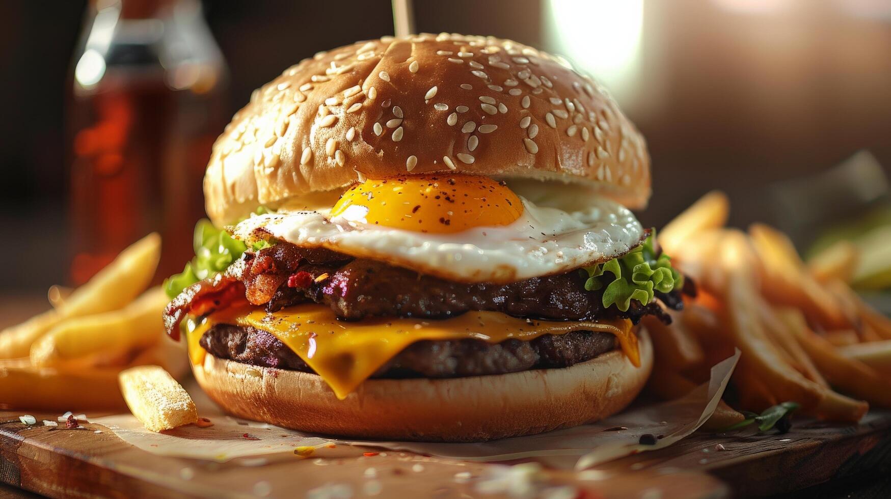 A delicious cheeseburger with a fried egg on top and a side of fries photo