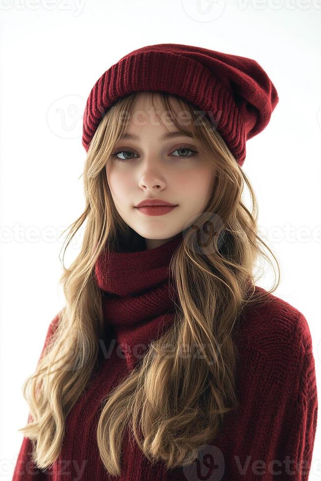 A young woman wearing a red sweater and hat photo