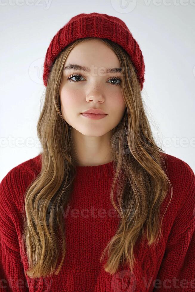 A young woman in a red sweater and hat photo