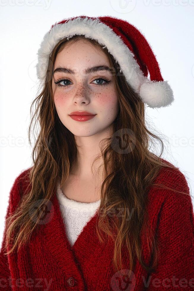 A girl wearing a santa hat and sweater photo