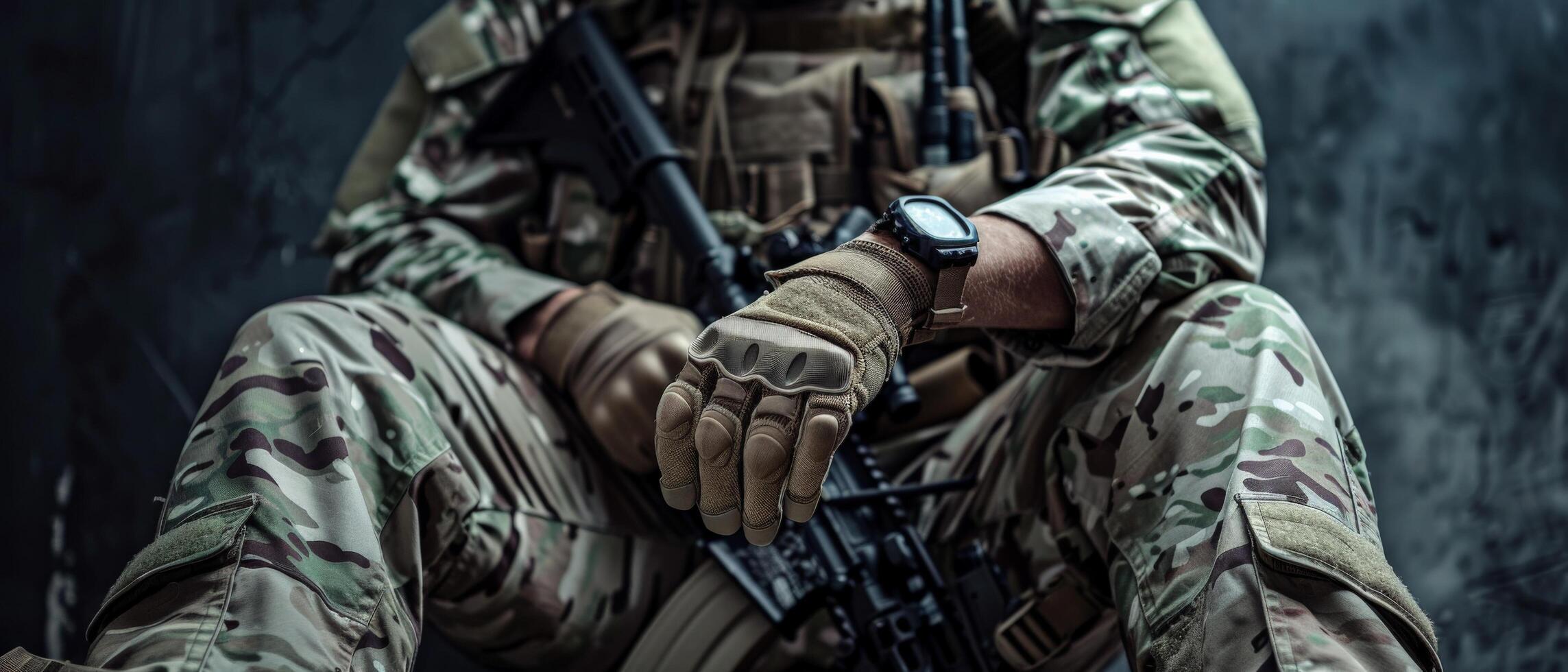 A soldier wearing military gear is sitting with a gun in his hands. photo
