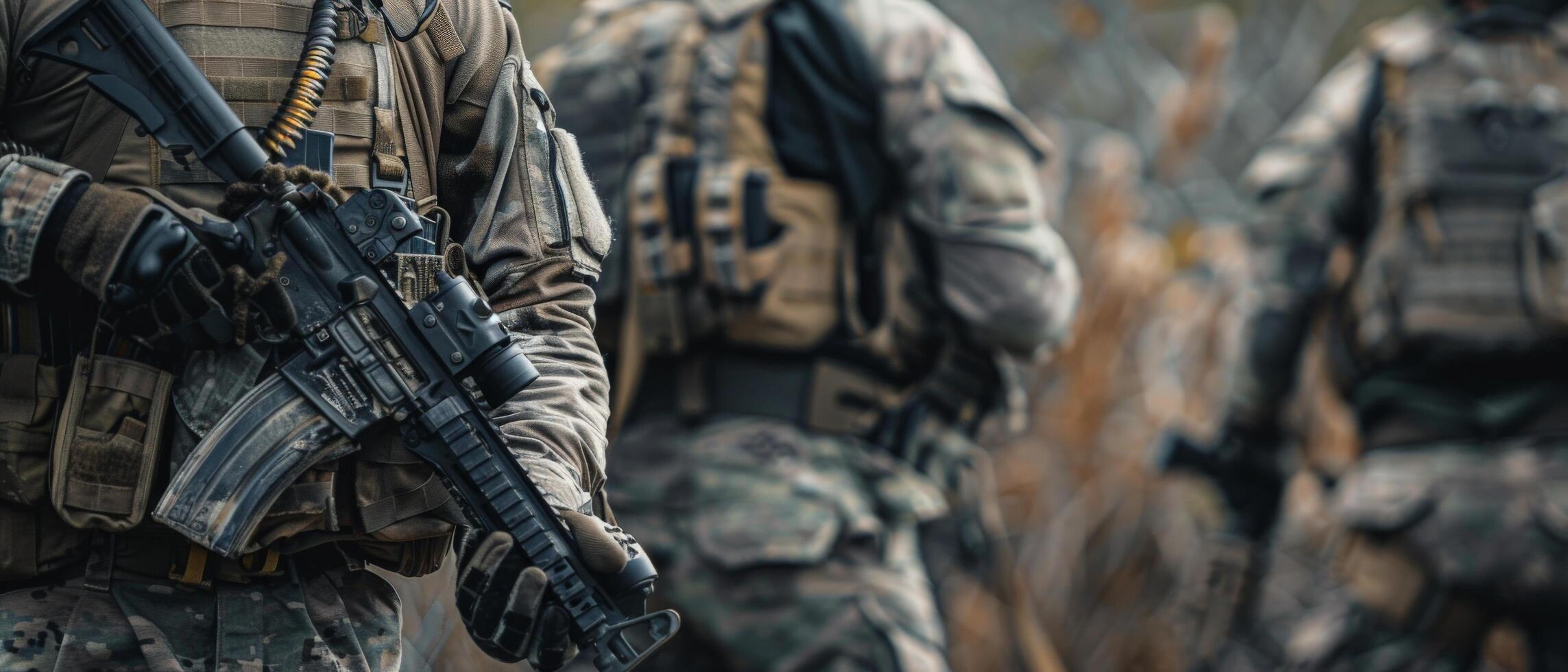 A soldier in full combat gear holding a rifle with a silencer photo