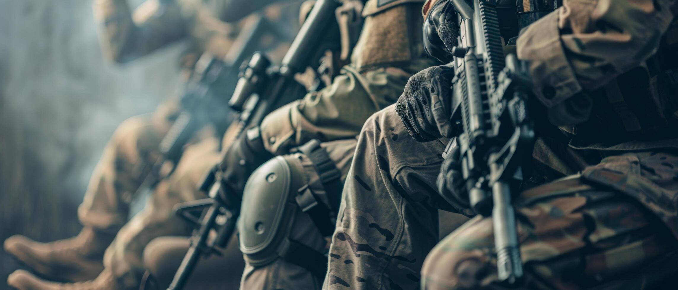 A group of soldiers is sitting on a rock in front of a foggy forest. photo