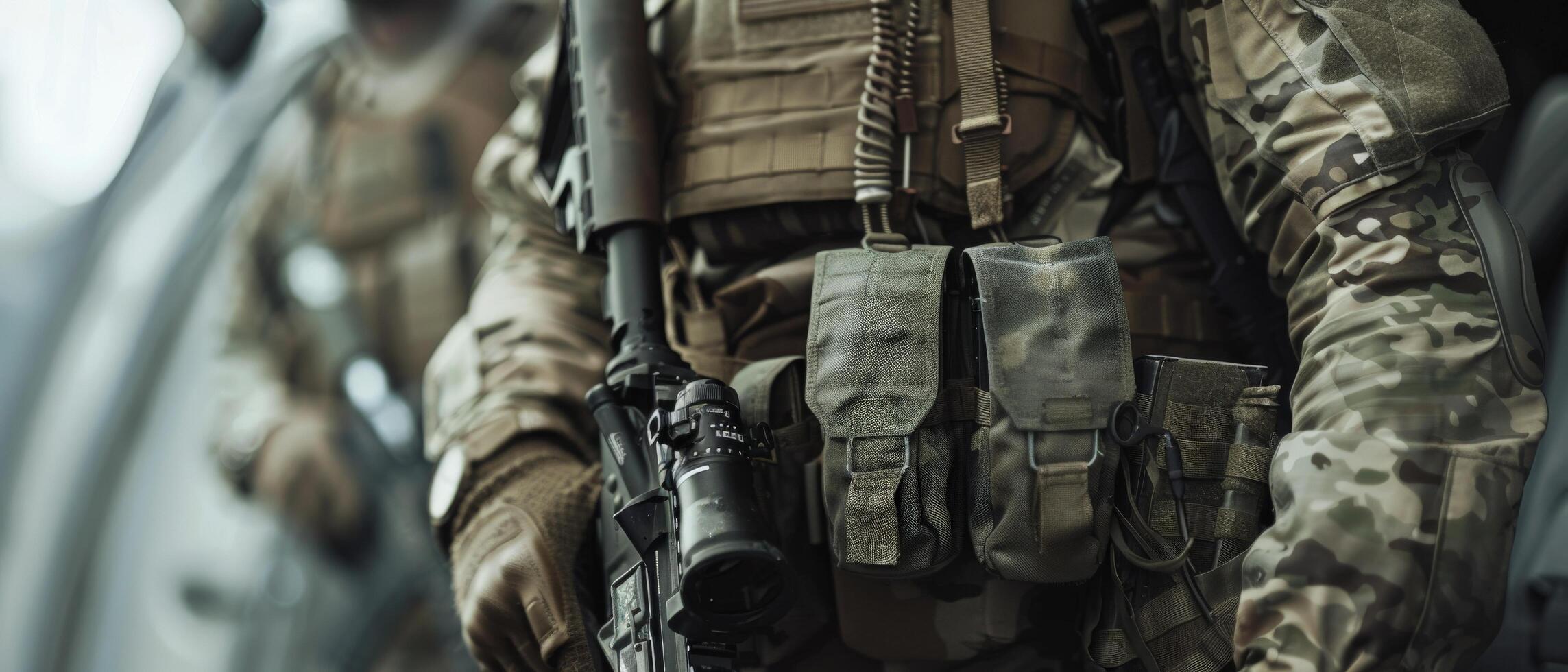 A soldier in full combat gear is standing in front of a white background. photo