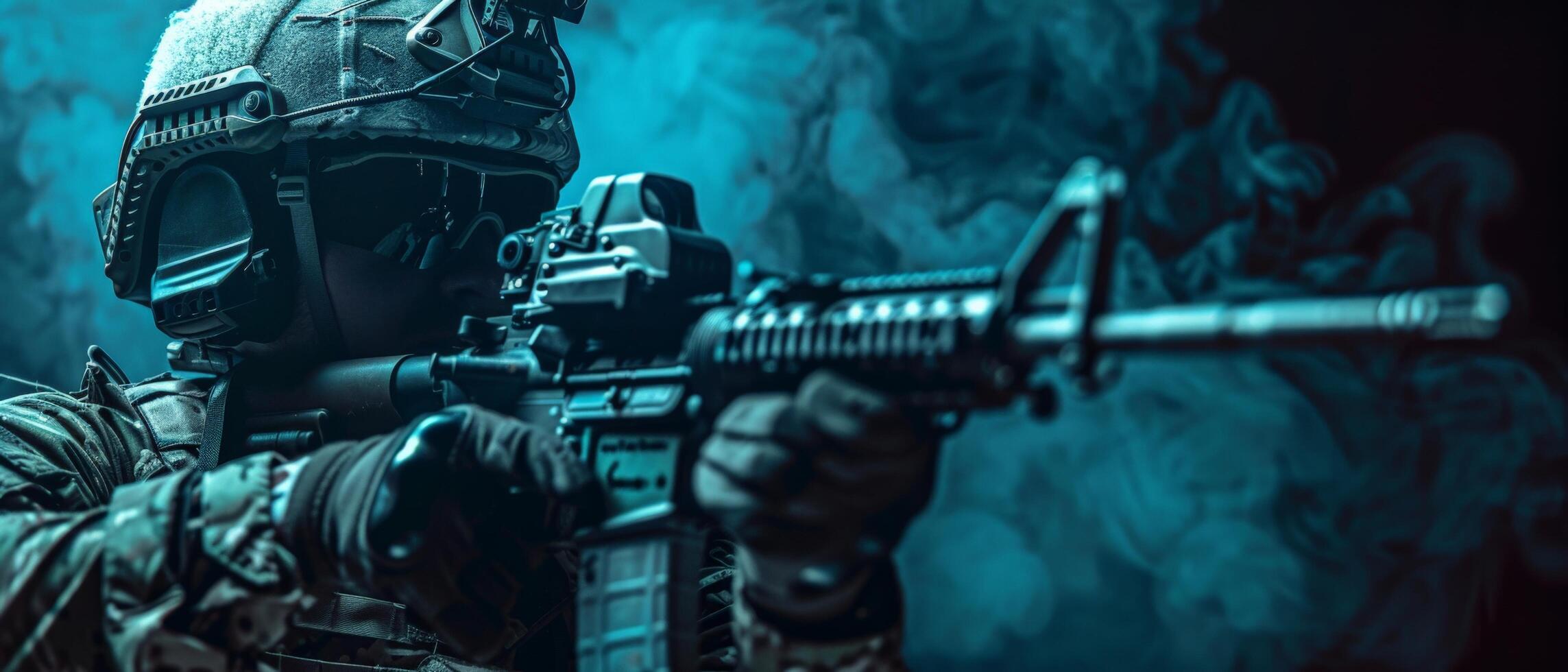 A soldier in full tactical gear with a gun in hand looking forward in a dark blue background photo