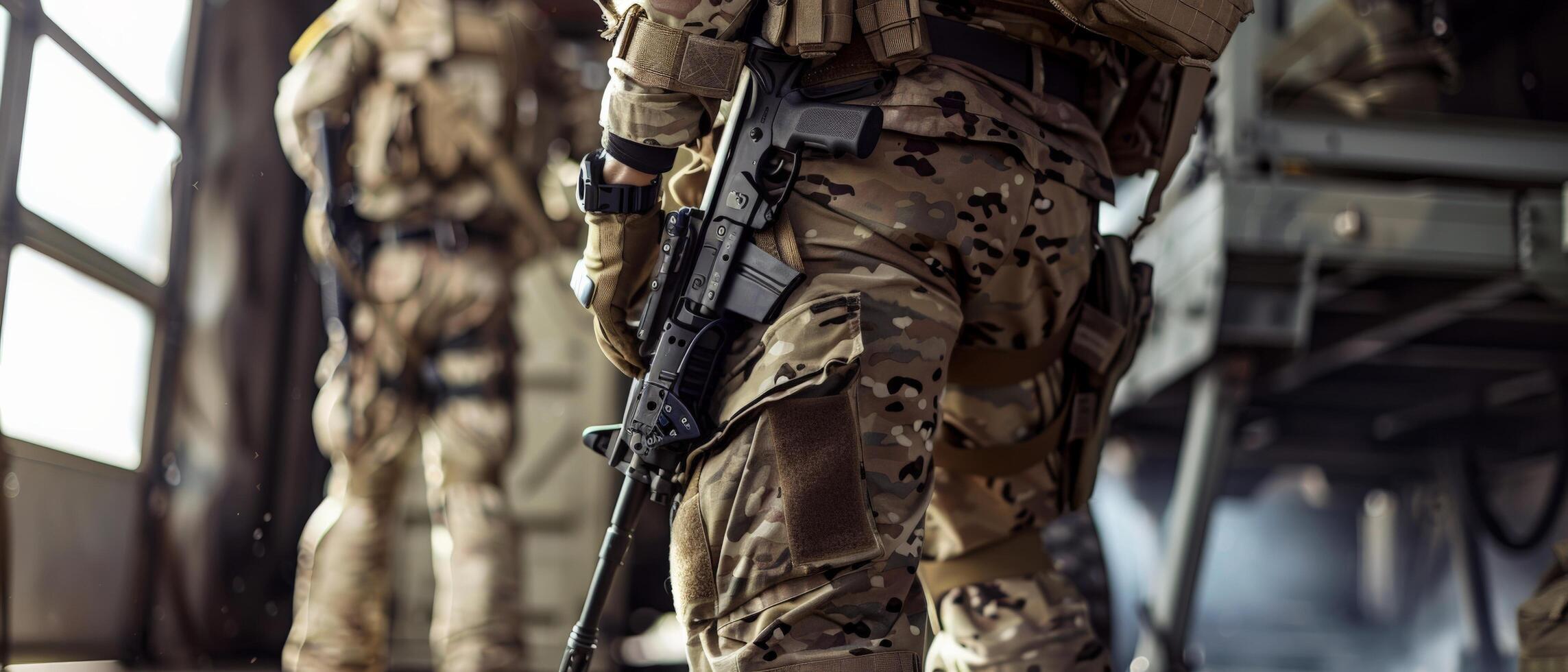 A soldier in full combat gear is walking through a dark room. photo