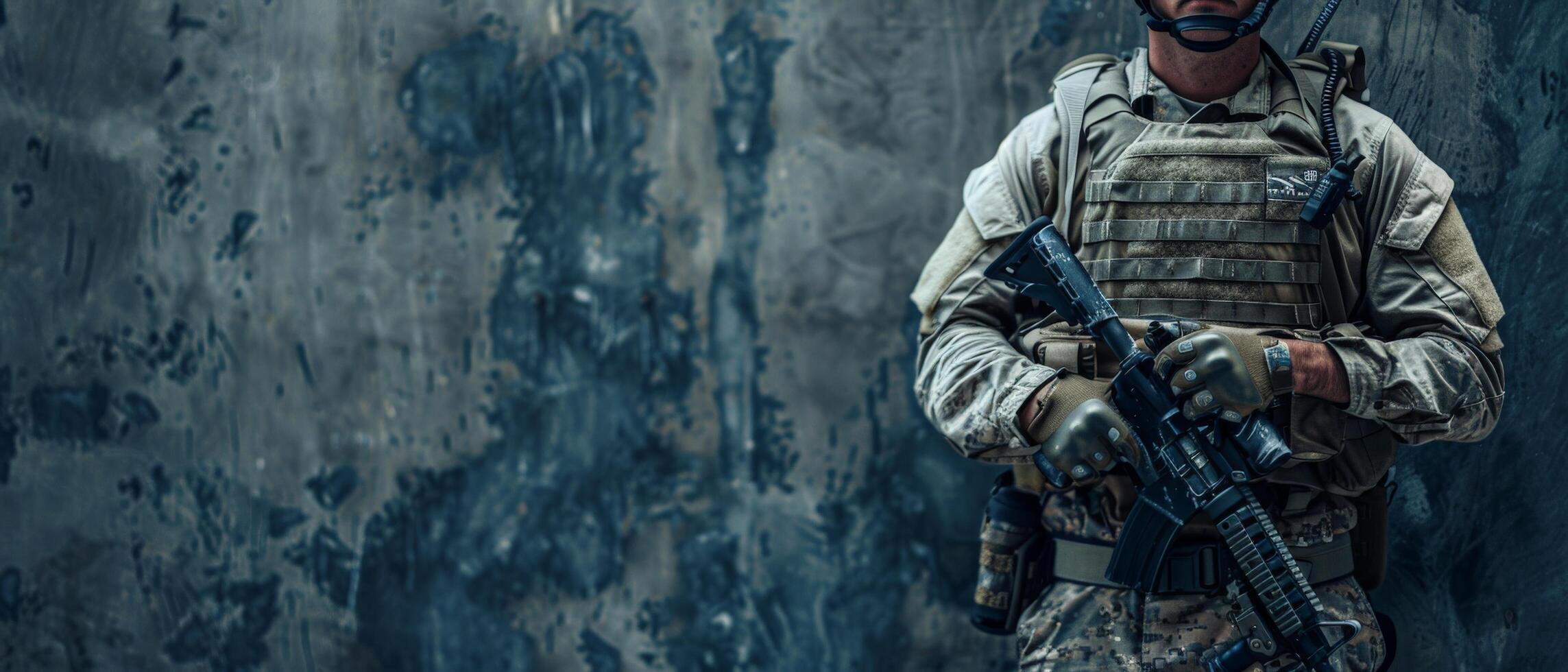 A soldier in full combat gear is standing in front of a concrete wall. photo