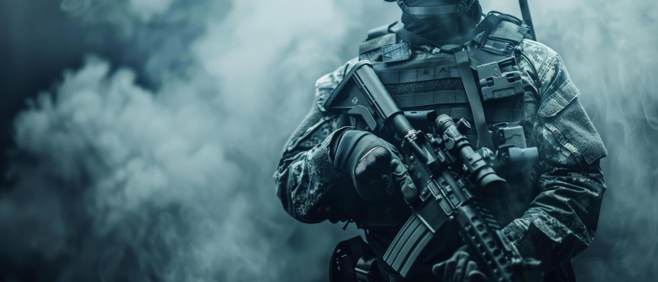 A soldier in full combat gear is walking through a smoky battlefield. photo