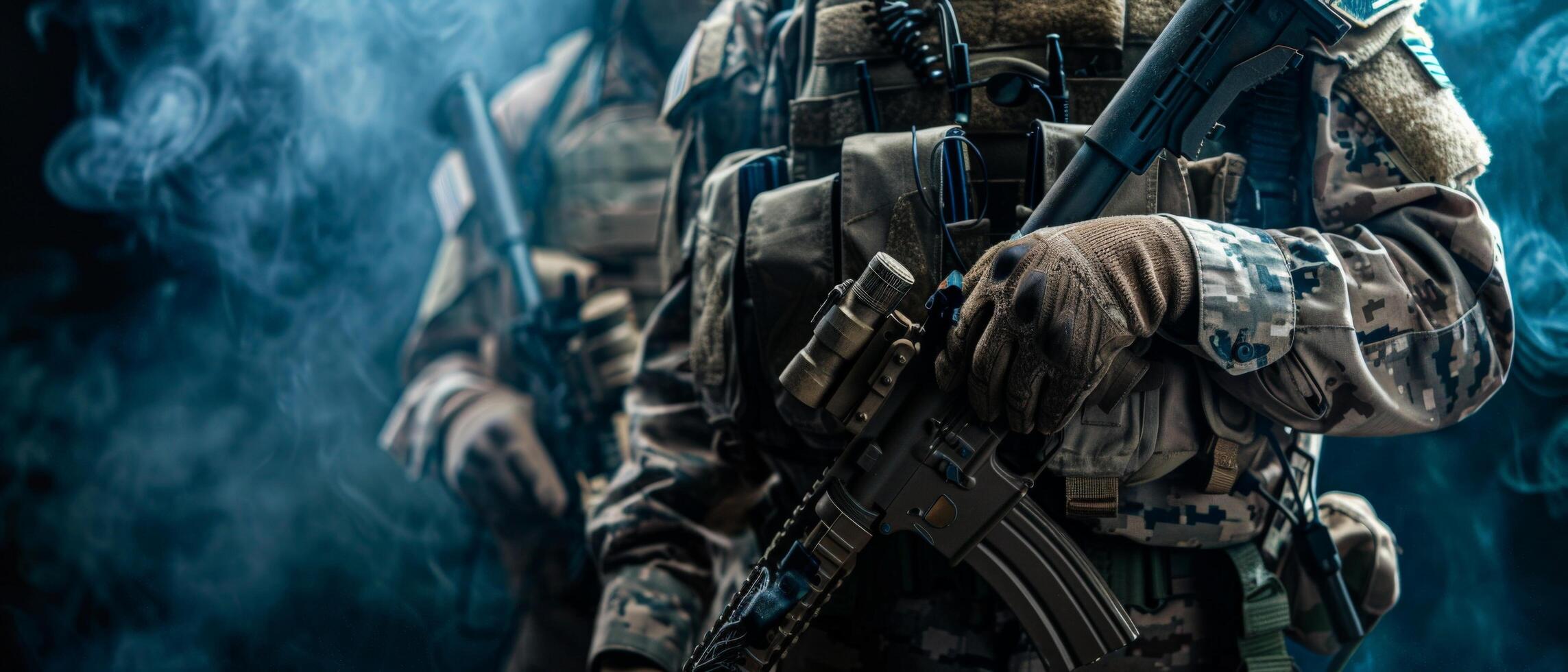 A soldier in full combat gear, armed with an assault rifle, standing in a smoky environment. photo