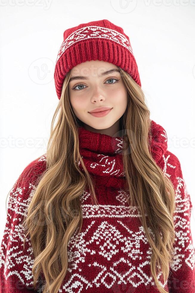 A young woman wearing a red sweater and hat photo