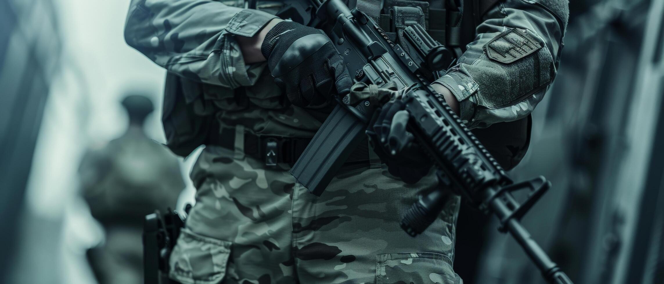 A soldier in full combat gear is walking down a dark alley. photo