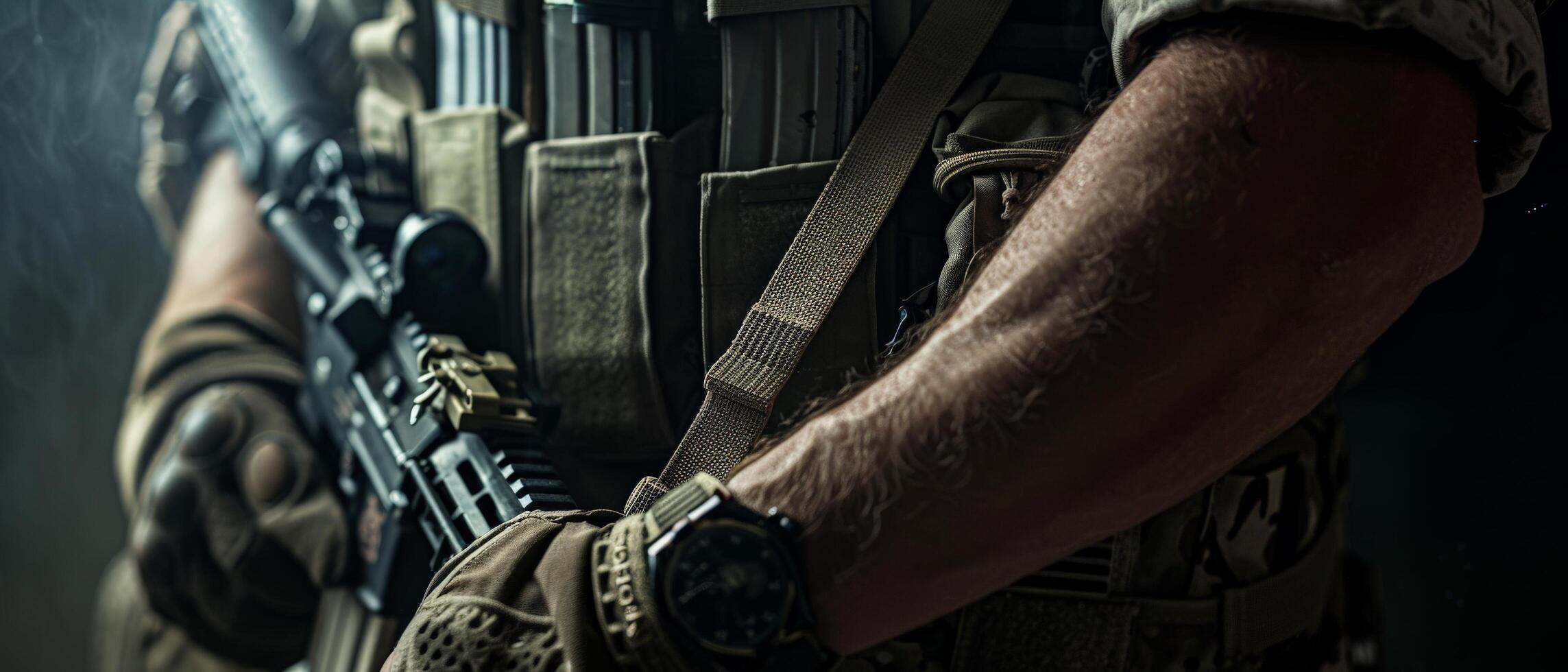 A soldier in full combat gear is holding a rifle. photo