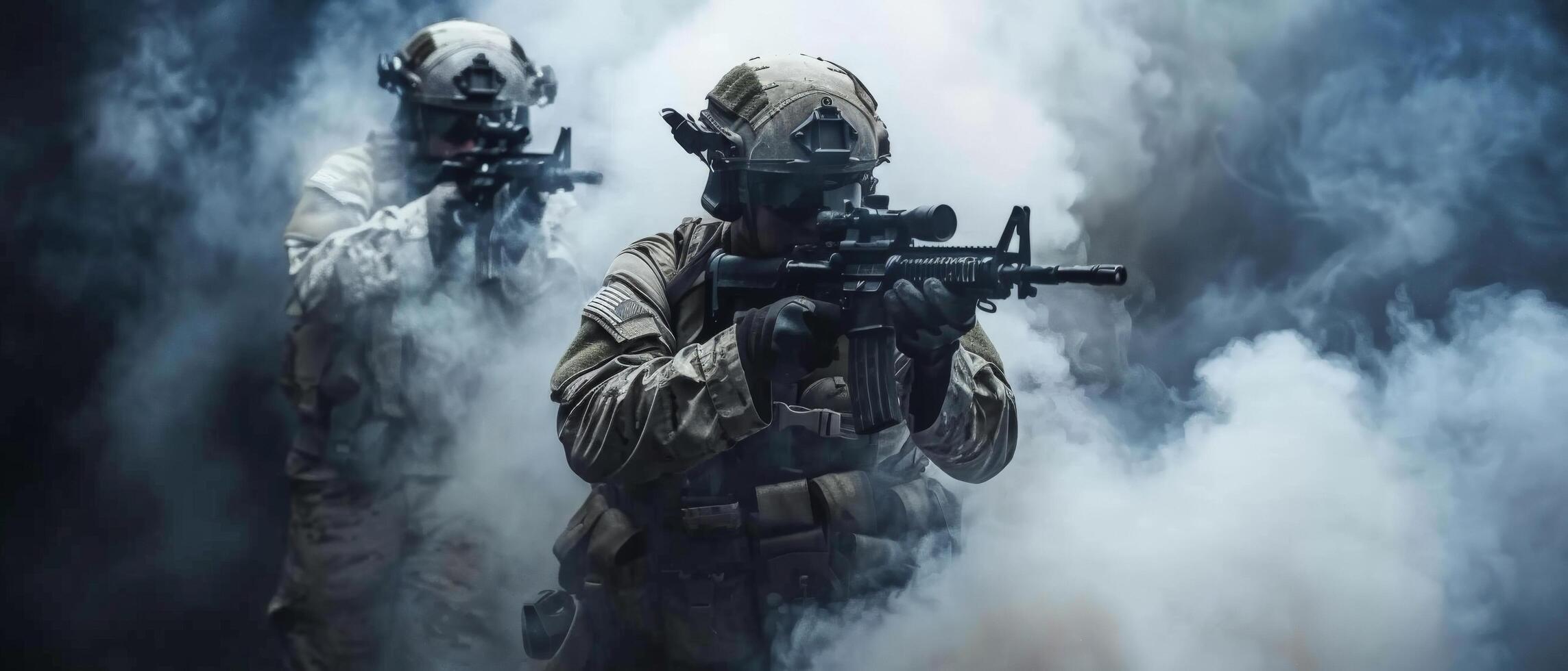 A soldier in a ghillie suit and a soldier in a military uniform with a helmet and a gas mask are walking through a smoky battlefield. photo