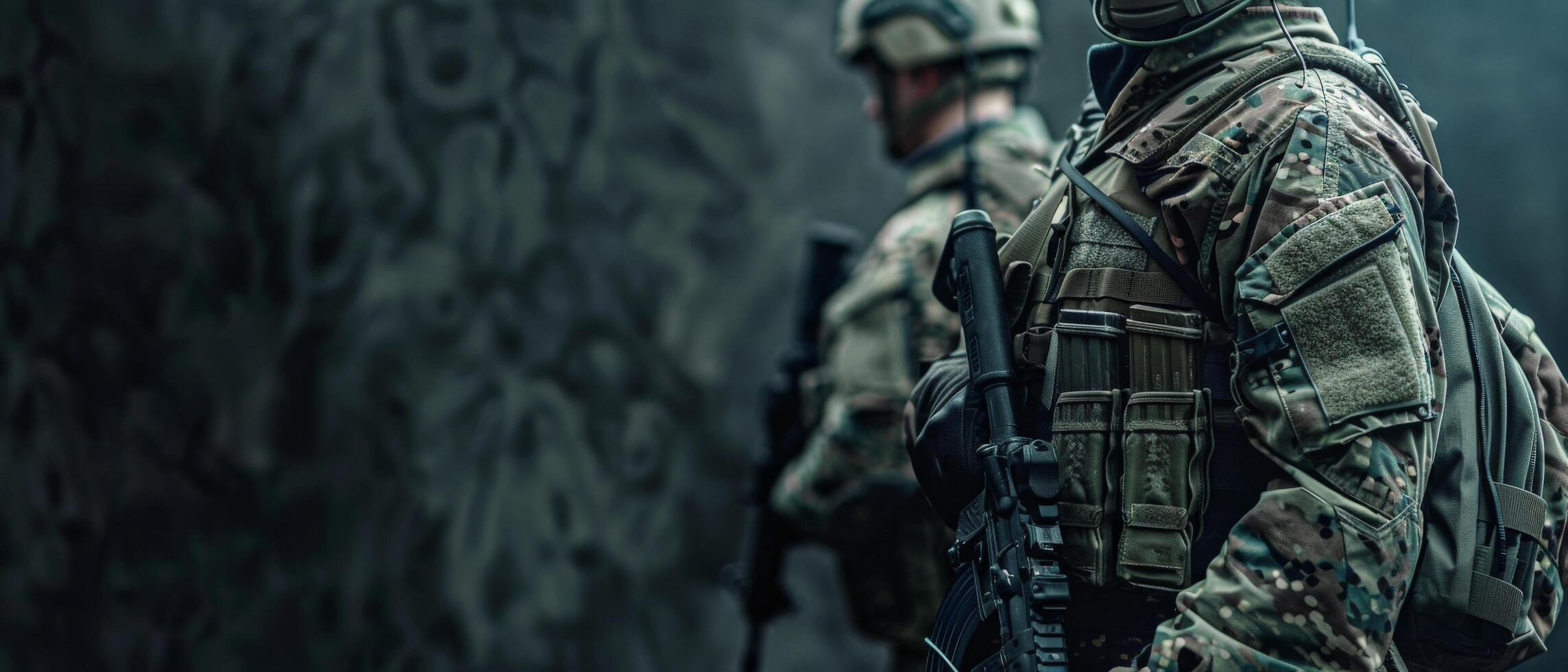 A soldier in full combat gear stands in a dark room. photo