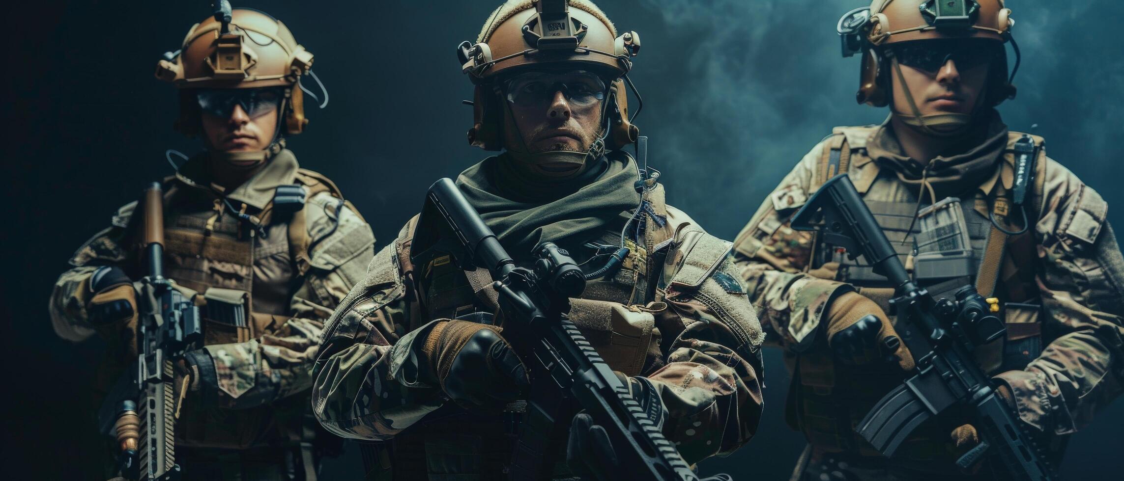 Three soldiers in combat gear and carrying rifles. photo