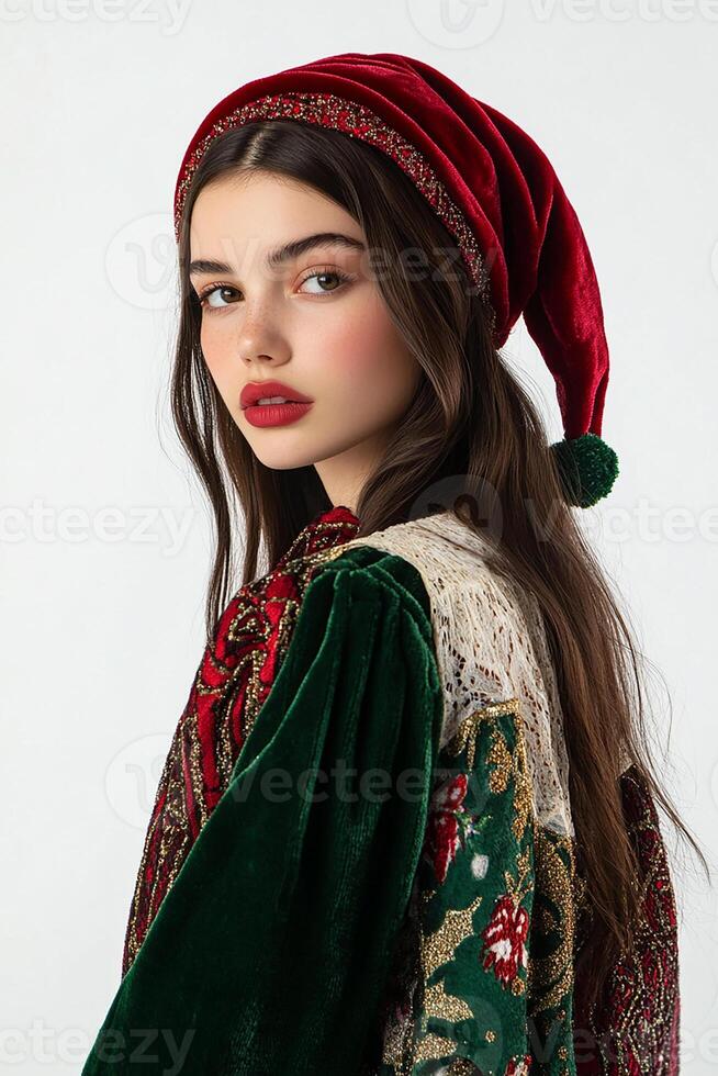 A beautiful young woman in a red and green hat photo