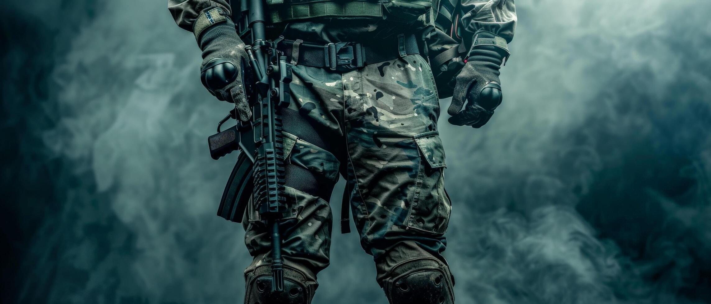 A soldier in full combat gear standing in a smoky atmosphere photo
