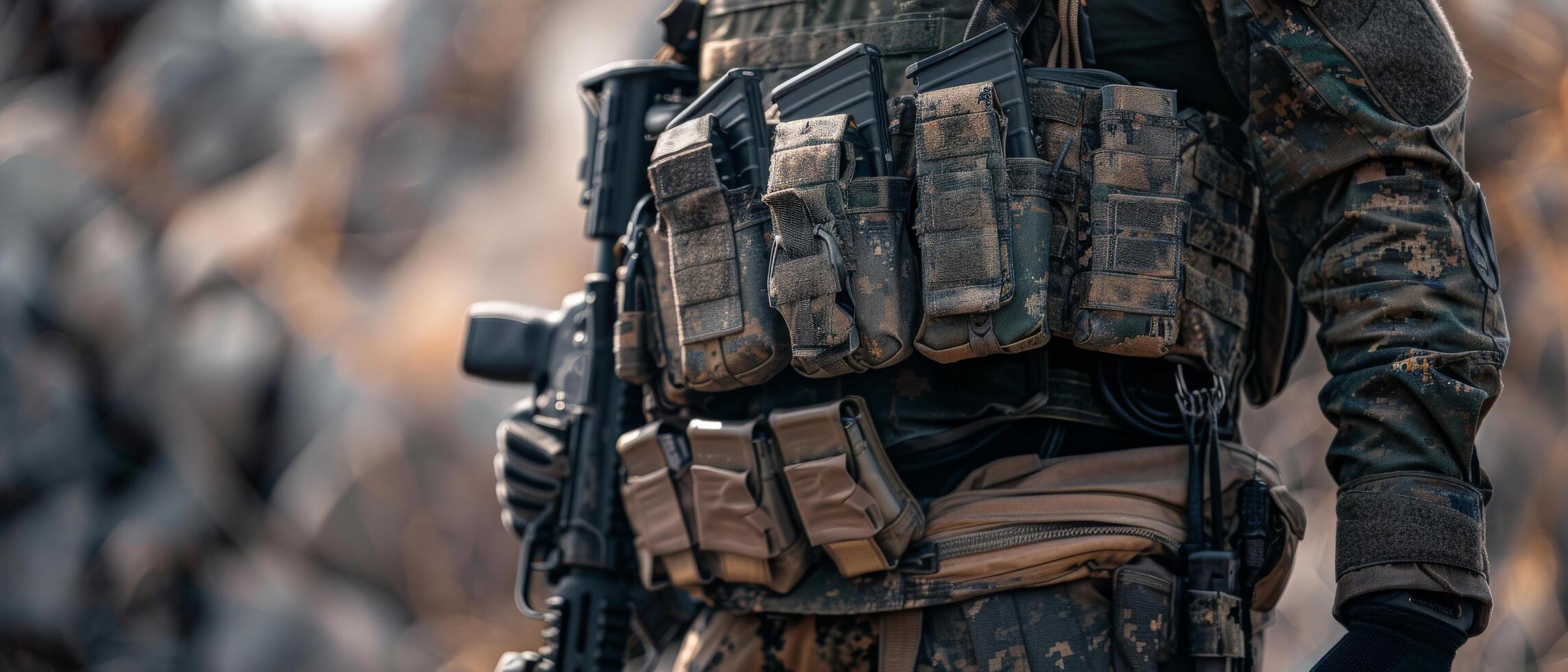 A soldier in full combat gear is standing in a war zone. He is wearing a helmet, body armor, and a utility belt. He is carrying a rifle and a pistol. The soldier is looking at the camera with a determ photo