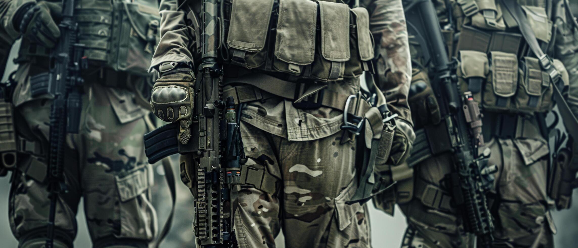 A group of soldiers in full combat gear is standing in a forest. photo