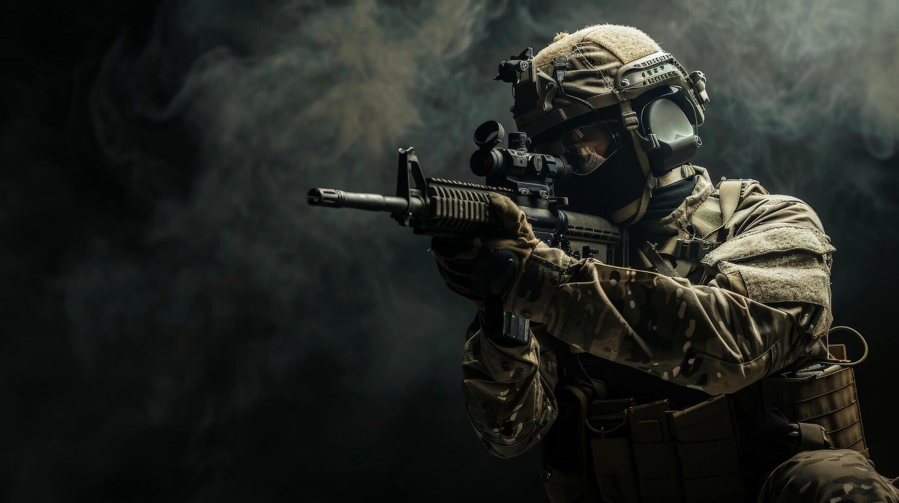 A soldier in full combat gear is aiming his rifle. photo