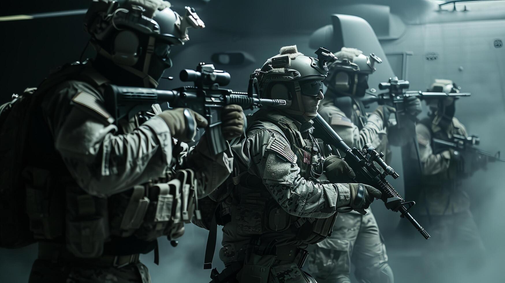 A group of soldiers in full combat gear are walking through a dark and smoky area. photo