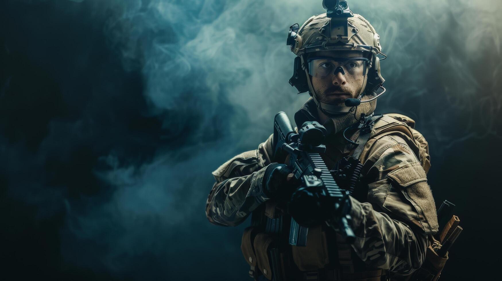 A soldier in full combat gear, armed with an assault rifle, stands in a dark, smoky room. photo